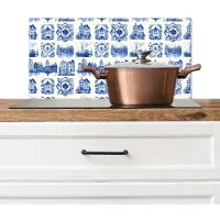 KitchenYeah Spatscherm keuken 70x30 cm - Kookplaat achterwand Huizen - Schepen - Blauw - Muurbeschermer - Spatwand fornuis - Hoogwaardig aluminium
