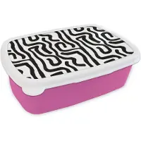 MuchoWow Broodtrommel Roze - Lunchbox Modern - Lijnen - Zwart - Brooddoos 18x12x6 cm - Brood lunch box - Broodtrommels voor kinderen en volwassenen