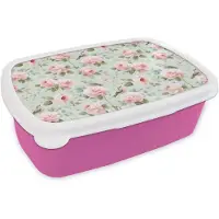 MuchoWow Broodtrommel Roze - Lunchbox Rozen - Vogels - Pastel - Kleurrijk - Brooddoos 18x12x6 cm - Brood lunch box - Broodtrommels voor kinderen en volwassenen