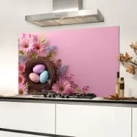 KitchenYeah Spatscherm keuken 100x65 cm - Kookplaat achterwand Vogelnestje - Eieren - Bloemen - Pastelkleuren - Muurbeschermer - Spatwand fornuis - Hoogwaardig aluminium