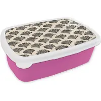 MuchoWow Broodtrommel Roze - Lunchbox Waaiers - Botanisch - Zwart - Beige - Brooddoos 18x12x6 cm - Brood lunch box - Broodtrommels voor kinderen en volwassenen