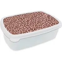 MuchoWow Broodtrommel Wit - Lunchbox Luipaard - Patroon - Roze - Brooddoos 18x12x6 cm - Brood lunch box - Broodtrommels voor kinderen en volwassenen