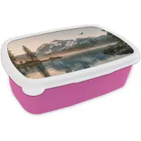 MuchoWow Broodtrommel Roze - Lunchbox Bergen - Water - Bomen - Brooddoos 18x12x6 cm - Brood lunch box - Broodtrommels voor kinderen en volwassenen