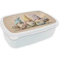 MuchoWow Broodtrommel Wit - Lunchbox Kabouters - Pastelkleuren - Eieren - Bloemen - Brooddoos 18x12x6 cm - Brood lunch box - Broodtrommels voor kinderen en volwassenen