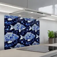 KitchenYeah Spatscherm 90x70 cm - Zelfklevende achterwand Vissen - Bloemen - Blauw - Keuken muurbeschermer - Spatwand fornuis