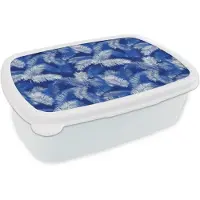 MuchoWow Broodtrommel Wit - Lunchbox Palmblad - Patroon - Blauw - Brooddoos 18x12x6 cm - Brood lunch box - Broodtrommels voor kinderen en volwassenen
