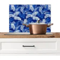 KitchenYeah Spatscherm keuken 60x40 cm - Kookplaat achterwand Palmblad - Patroon - Blauw - Muurbeschermer - Spatwand fornuis - Hoogwaardig aluminium