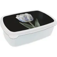 MuchoWow Broodtrommel Wit - Lunchbox Tulp - Patroon - Blauw - Brooddoos 18x12x6 cm - Brood lunch box - Broodtrommels voor kinderen en volwassenen