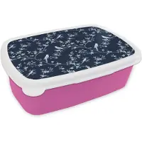MuchoWow Broodtrommel Roze - Lunchbox Grafisch - Bloesemtak - Blauw - Brooddoos 18x12x6 cm - Brood lunch box - Broodtrommels voor kinderen en volwassenen