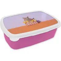 MuchoWow Broodtrommel Roze - Lunchbox Tas - Strepen - Konijn - Bruin - Brooddoos 18x12x6 cm - Brood lunch box - Broodtrommels voor kinderen en volwassenen