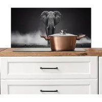 KitchenYeah Spatscherm keuken 90x45 cm - Kookplaat achterwand Olifant - Zwart - Wit - Rook - Muurbeschermer - Spatwand fornuis - Hoogwaardig aluminium