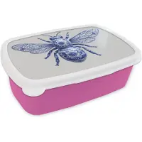 MuchoWow Broodtrommel Roze - Lunchbox Bij - Modern - Delfts - Blauw - Brooddoos 18x12x6 cm - Brood lunch box - Broodtrommels voor kinderen en volwassenen