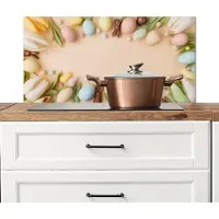 KitchenYeah Spatscherm keuken 80x40 cm - Kookplaat achterwand Tulpen - Eieren - Chocolade - Pastelkleuren - Muurbeschermer - Spatwand fornuis - Hoogwaardig aluminium