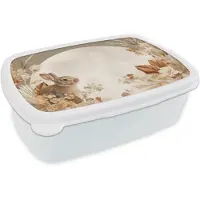 MuchoWow Broodtrommel Wit - Lunchbox Konijn - Bruin - Bloemen - Cirkel - Brooddoos 18x12x6 cm - Brood lunch box - Broodtrommels voor kinderen en volwassenen
