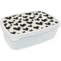 MuchoWow Broodtrommel Wit - Lunchbox Hartjes - Patroon - Zwart - Brooddoos 18x12x6 cm - Brood lunch box - Broodtrommels voor kinderen en volwassenen