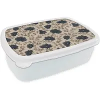 MuchoWow Broodtrommel Wit - Lunchbox Motief - Bloemen - Zwart - Beige - Brooddoos 18x12x6 cm - Brood lunch box - Broodtrommels voor kinderen en volwassenen