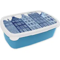 MuchoWow Broodtrommel Blauw - Lunchbox Aquarel - Grachtenpanden - Delfts - Blauw - Brooddoos 18x12x6 cm - Brood lunch box - Broodtrommels voor kinderen en volwassenen