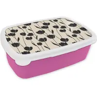 MuchoWow Broodtrommel Roze - Lunchbox Tulpen - Patroon - Zwart - Brooddoos 18x12x6 cm - Brood lunch box - Broodtrommels voor kinderen en volwassenen