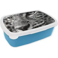 MuchoWow Broodtrommel Blauw - Lunchbox Luipaard - Zwart - Wit - Oog - Brooddoos 18x12x6 cm - Brood lunch box - Broodtrommels voor kinderen en volwassenen