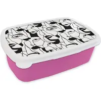 MuchoWow Broodtrommel Roze - Lunchbox Lijnen - Gezichten - Zwart - Wit - Brooddoos 18x12x6 cm - Brood lunch box - Broodtrommels voor kinderen en volwassenen