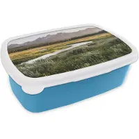 MuchoWow Broodtrommel Blauw - Lunchbox Berglandschap - Rivier - Bos - Brooddoos 18x12x6 cm - Brood lunch box - Broodtrommels voor kinderen en volwassenen
