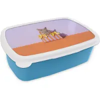 MuchoWow Broodtrommel Blauw - Lunchbox Tas - Strepen - Konijn - Bruin - Brooddoos 18x12x6 cm - Brood lunch box - Broodtrommels voor kinderen en volwassenen