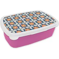 MuchoWow Broodtrommel Roze - Lunchbox Traditioneel - Tegel - Oranje - Brooddoos 18x12x6 cm - Brood lunch box - Broodtrommels voor kinderen en volwassenen