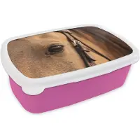 MuchoWow Broodtrommel Roze - Lunchbox Paard - Oog - Bruin - Brooddoos 18x12x6 cm - Brood lunch box - Broodtrommels voor kinderen en volwassenen