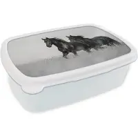 MuchoWow Broodtrommel Wit - Lunchbox Paarden - Gras - Zwart - Wit - Brooddoos 18x12x6 cm - Brood lunch box - Broodtrommels voor kinderen en volwassenen