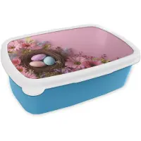 MuchoWow Broodtrommel Blauw - Lunchbox Vogelnestje - Eieren - Bloemen - Pastelkleuren - Brooddoos 18x12x6 cm - Brood lunch box - Broodtrommels voor kinderen en volwassenen