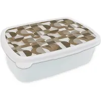 MuchoWow Broodtrommel Wit - Lunchbox Abstract - Retro - Bruin - Brooddoos 18x12x6 cm - Brood lunch box - Broodtrommels voor kinderen en volwassenen