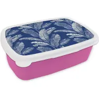 MuchoWow Broodtrommel Roze - Lunchbox Blad - Palm - Blauw - Brooddoos 18x12x6 cm - Brood lunch box - Broodtrommels voor kinderen en volwassenen