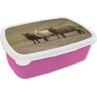 MuchoWow Broodtrommel Roze - Lunchbox Schapen - Bruin - Wit - Grindpad - Brooddoos 18x12x6 cm - Brood lunch box - Broodtrommels voor kinderen en volwassenen