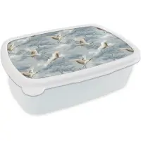 MuchoWow Broodtrommel Wit - Lunchbox Wolken - Kraanvogels - Blauw - Brooddoos 18x12x6 cm - Brood lunch box - Broodtrommels voor kinderen en volwassenen