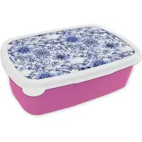 MuchoWow Broodtrommel Roze - Lunchbox Bloemen - Blauw - Patroon - Wit - Brooddoos 18x12x6 cm - Brood lunch box - Broodtrommels voor kinderen en volwassenen