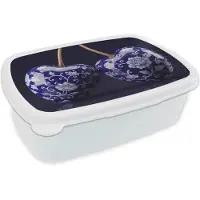 MuchoWow Broodtrommel Wit - Lunchbox Porselein- Kersen - Delfts - Blauw - Brooddoos 18x12x6 cm - Brood lunch box - Broodtrommels voor kinderen en volwassenen