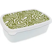 MuchoWow Broodtrommel Wit - Lunchbox Lijnpatroon - Groen - Organisch - Brooddoos 18x12x6 cm - Brood lunch box - Broodtrommels voor kinderen en volwassenen