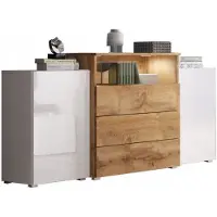 MINIO go for it Moderne 150 cm dressoir – mat frame, hoogglans fronten – Eik Wotan / wit hoogglans – 3 laden, 2 zijkasten, open nis, optie LED-verlichting