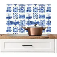 KitchenYeah Spatscherm keuken 80x55 cm - Kookplaat achterwand Huizen - Schepen - Blauw - Muurbeschermer - Spatwand fornuis - Hoogwaardig aluminium