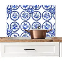 KitchenYeah Spatscherm keuken 90x60 cm - Kookplaat achterwand Cirkels - Bloemen - Blauw - Muurbeschermer - Spatwand fornuis - Hoogwaardig aluminium