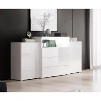 MINIO go for it Moderne dressoir 150 cm – mat frame, glanzende fronten – staande dressoir met 3 laden (push-to-open en randgreep), zijkasten, open nis en optie voor LED Square-verlichting (koud wit)