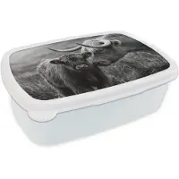 MuchoWow Broodtrommel Wit - Lunchbox Schotse hooglander - Kalf - Zwart - Wit - Brooddoos 18x12x6 cm - Brood lunch box - Broodtrommels voor kinderen en volwassenen