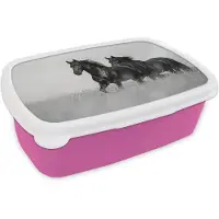 MuchoWow Broodtrommel Roze - Lunchbox Paarden - Gras - Zwart - Wit - Brooddoos 18x12x6 cm - Brood lunch box - Broodtrommels voor kinderen en volwassenen