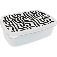 MuchoWow Broodtrommel Wit - Lunchbox Modern - Lijnen - Zwart - Brooddoos 18x12x6 cm - Brood lunch box - Broodtrommels voor kinderen en volwassenen