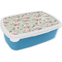 MuchoWow Broodtrommel Blauw - Lunchbox Rozen - Vogels - Pastel - Kleurrijk - Brooddoos 18x12x6 cm - Brood lunch box - Broodtrommels voor kinderen en volwassenen