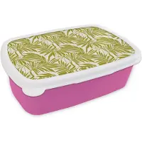 MuchoWow Broodtrommel Roze - Lunchbox Palmblad - Patroon - Groen - Brooddoos 18x12x6 cm - Brood lunch box - Broodtrommels voor kinderen en volwassenen