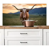 KitchenYeah Spatscherm keuken 120x60 cm - Kookplaat achterwand Longhorn - Landschap - Zonsondergang - Muurbeschermer - Spatwand fornuis - Hoogwaardig aluminium