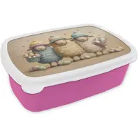 MuchoWow Broodtrommel Roze - Lunchbox Schaapjes - Eieren - Pastelkleuren - Bloemen - Brooddoos 18x12x6 cm - Brood lunch box - Broodtrommels voor kinderen en volwassenen