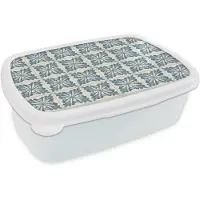 MuchoWow Broodtrommel Wit - Lunchbox Dessin - Tegel - Blauw - Brooddoos 18x12x6 cm - Brood lunch box - Broodtrommels voor kinderen en volwassenen