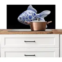 KitchenYeah Spatscherm keuken 80x40 cm - Kookplaat achterwand Porselein - Goudvis - Delfts - Blauw - Muurbeschermer - Spatwand fornuis - Hoogwaardig aluminium